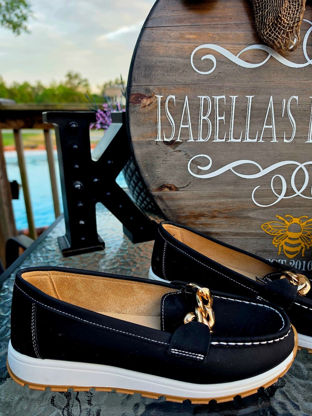 Women's Black Slip-On Loafers with Gold Chain Accent